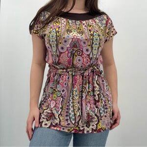 Sixteen Stretch Y2k Colorful Retro Pattern Long Blouse Women Size Medium